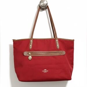 COACH Taylor Tote Red Nylon Leather Trim Shoulder Bag